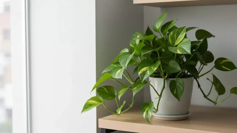 明るい木製デスク上の鮮やかな観葉植物がフレームの多くを占め、窓からの柔らかな自然光が当たるミニマルな空間