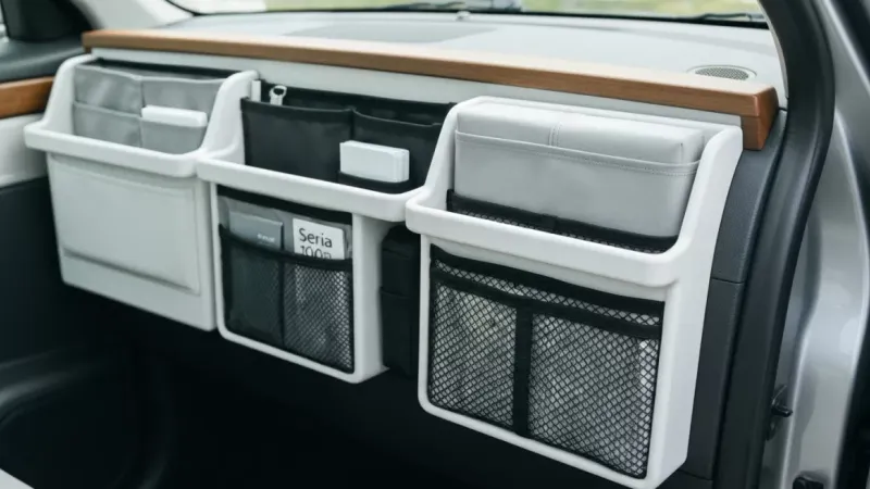 車内を占めるセリア100均収納グッズ、白・グレー・木目調で統一されたミニマルな空間を照らす柔らかい自然光