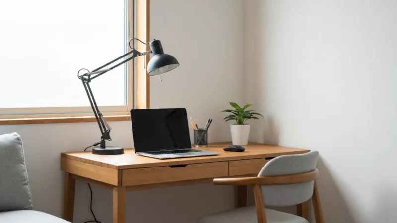 洗練されたミニマルな一人暮らし部屋の木製デスク。ノートPC、ランプ、鉢植え、椅子が並び、柔らかな自然光が白壁と木目の温かさを演出