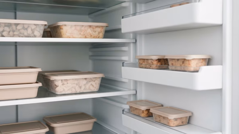 ミニマリストな冷蔵庫に冷凍食品と小分け容器が整然とぎっしり、効率的な一人暮らしの食生活