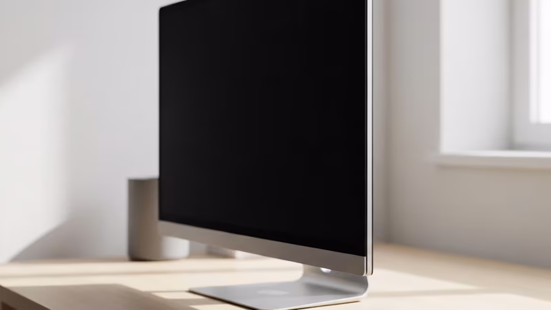 薄ベゼルのモダンPCモニターが、明るい木製デスクに斜めに大きく配された、柔らかな自然光が当たる清潔でミニマルな空間