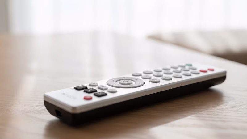 明るい木製テーブルに置かれたレグザ風のモダンなテレビリモコンが画面の大部分を占め、自然光が優しく当たるミニマルなインテリア