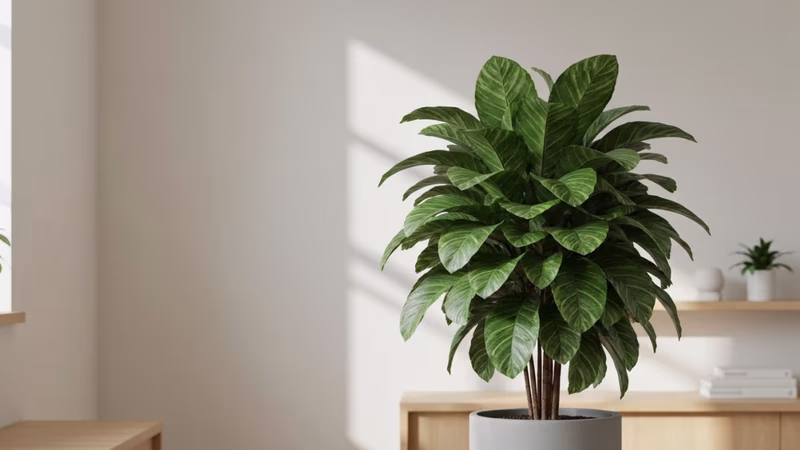 ミニマルなグレーの鉢に入った大型観葉植物がフレームの7割以上を占め、明るく暖かなミニマルインテリアに柔らかな自然光が差し込む様子
