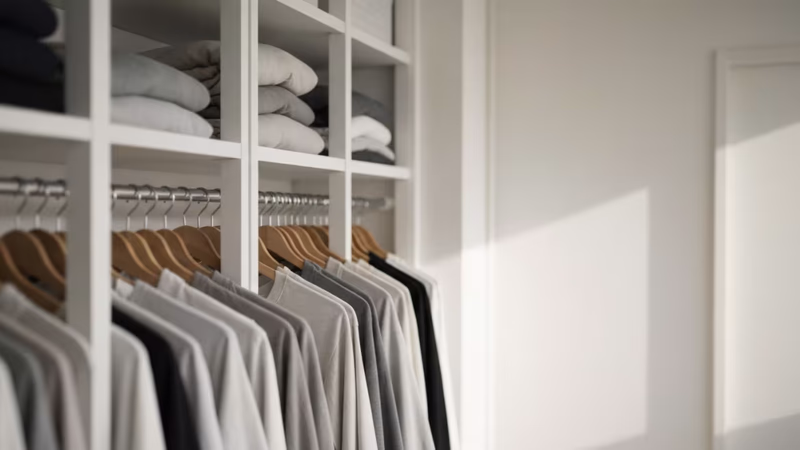 白い壁を背景に、ミニマリストな木製ハンガーラックに淡い色の服が整然と並び、柔らかな自然光が差し込む画面いっぱいの収納風景