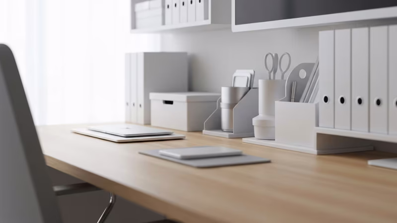 自然光が差す、無印良品とApple融合の整理された木製デスクとモニターが画面を占める書斎