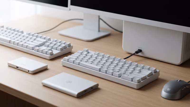 明るい木製デスクに白とグレーのミニマルなPC周辺機器が整然と並び、ケーブルまで完璧に管理された日本のモダンな在宅ワーク環境