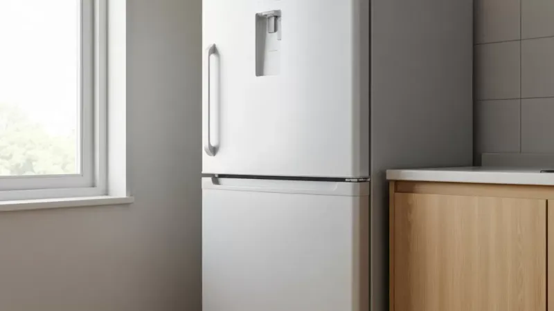 窓から柔らかな自然光が差し込む賃貸キッチン、一人暮らし用大型冷凍庫付き冷蔵庫が画面いっぱいに映るミニマルで温かい空間